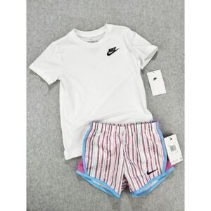 NWT Nike White Logo T-Shirt Size 6 Tempo Striped Lined Shorts Size 4 Girls Youth